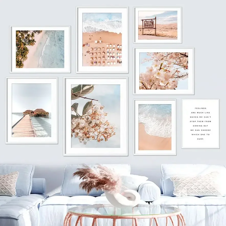 Tableau mural nordique sur toile, motifs fleurs, mer, plage, pont, désert, citations, affiches et impressions décoratives pour salon