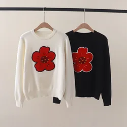 Autumn and Winter New Fresh Sweet Chest Red Small Flower Embroidered Crew Neck Pullover Sweater All-Matching Bottoming Sweater