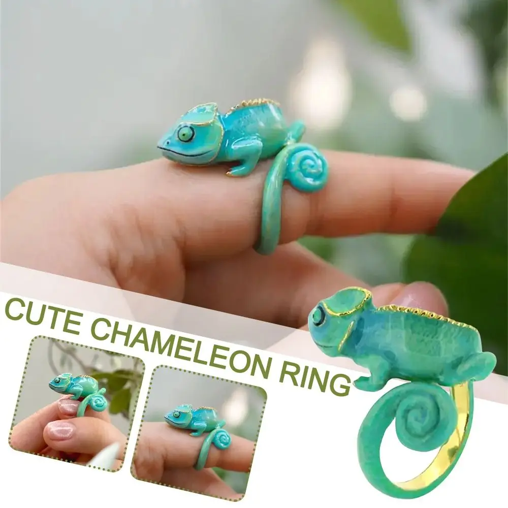 Bague caméléon mignonne de fête d'animaux, anneau ouvert en émail, accessoires de bijoux, anneaux de câlin en forme enveloppante, nouvelle collection