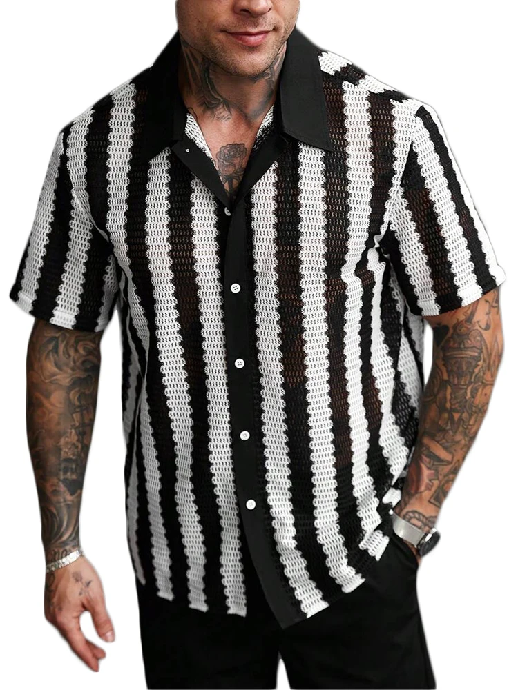 

Trendy Mens Knitted Shirts 2025 Summer Casual Hollow Out Breathable Cardigans Men Beach Fashion Short Sleeve Striped Knit Shirt