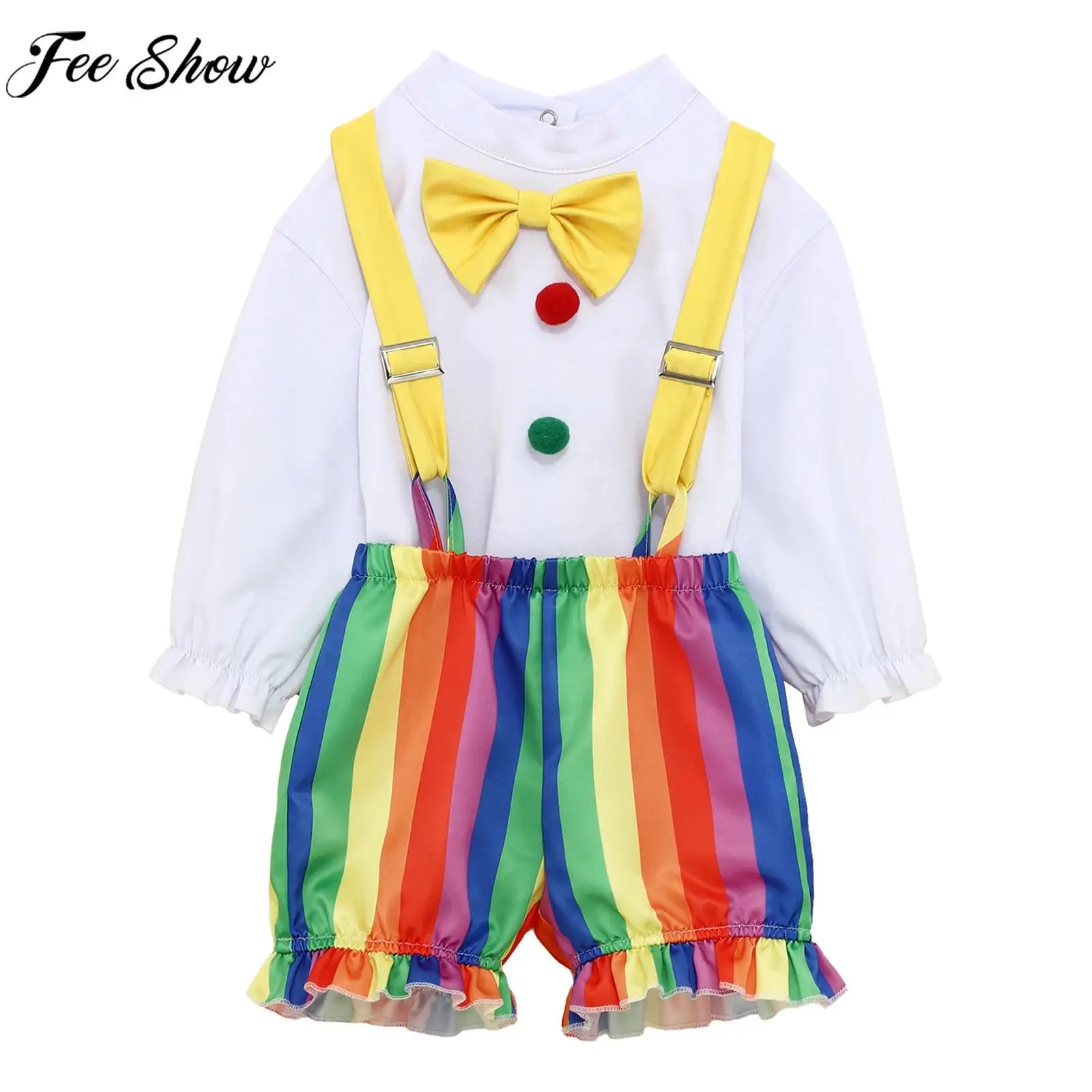 Toddler Baby Circus Clown Cosplay Costume Long Sleeve Bow Tie Romper with Suspenders Shorts for Halloween Carnival Photography