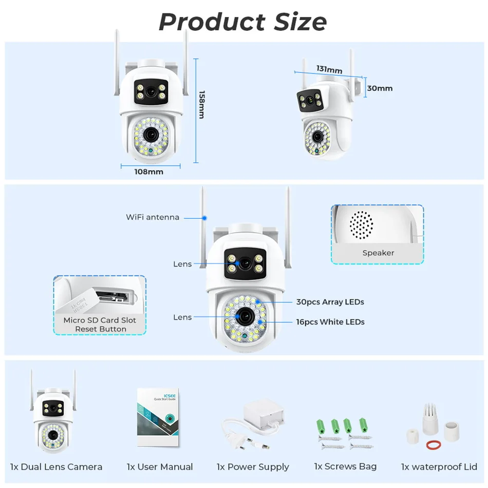 Caméra de surveillance extérieure PTZ IP WiFi HD 4MP/IP66, dispositif de sécurité sans fil, étanche, avec lentille pour les touristes, audio et application iCSee