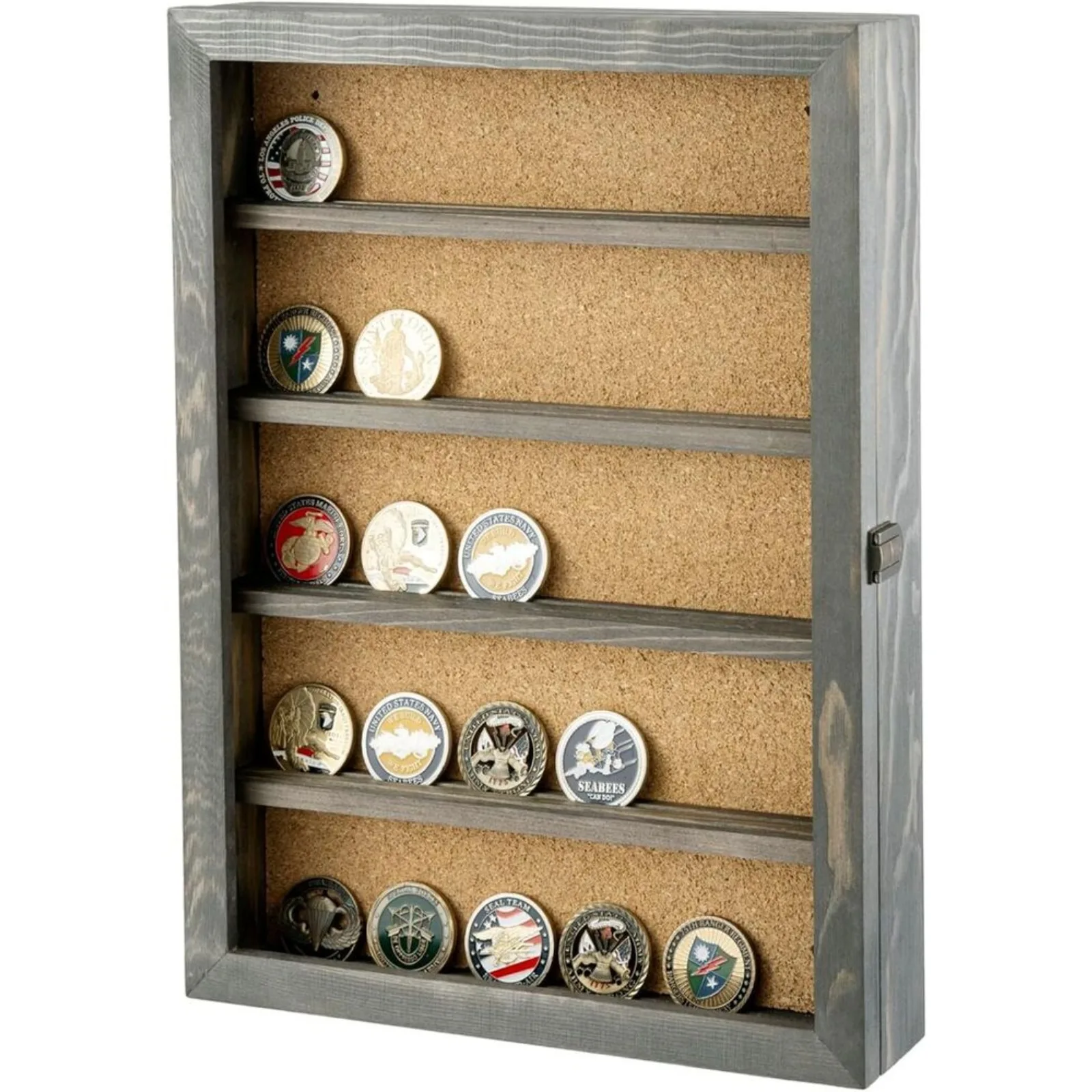 Wall Mounted Gray Wood Challenge Coin Display Case, Hanging Shadow Box w/ Panel United States