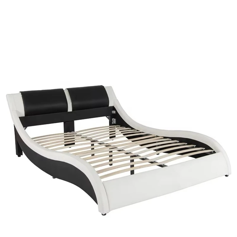 

Leather upholstered LED queen size bed with LED light and wavy bed frame for bedroom furniture