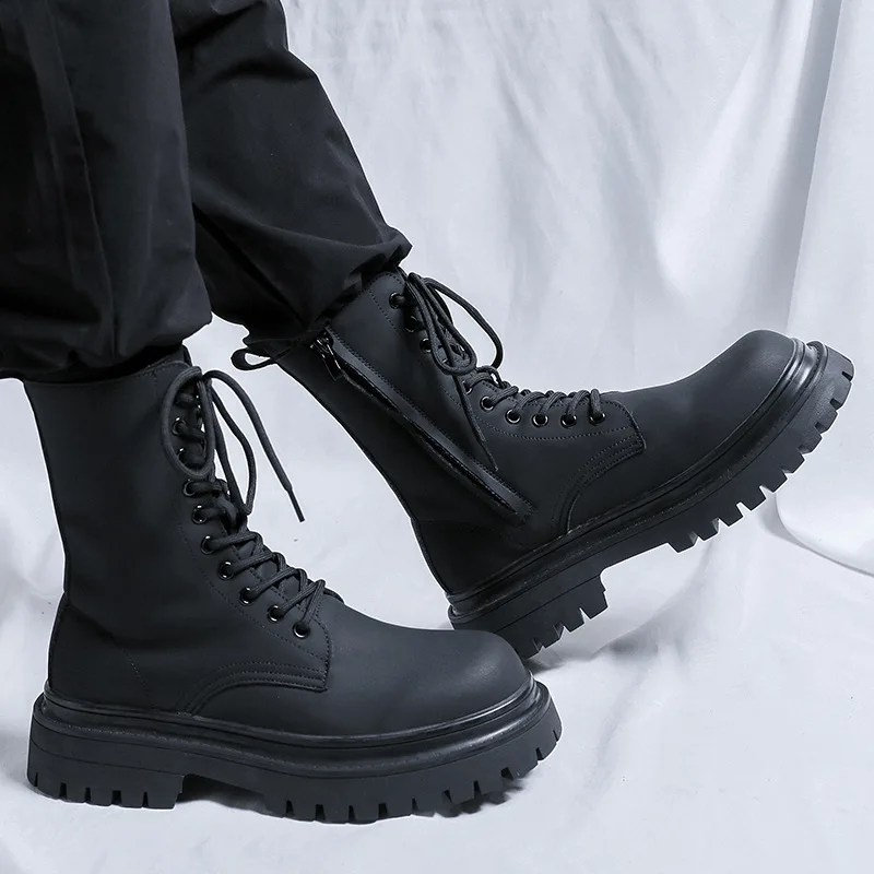 England style mens casual stage nightclub high motorcycle boots lace-up natural leather shoes cowboy platform boot long botas