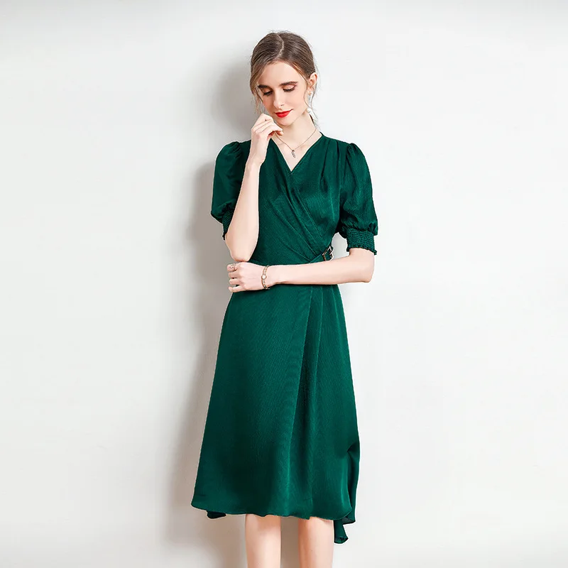 Elegant Pure Silk Dress for Women, 100% Mulberry Silk, V-Neck, Short Lantern Sleeve, Elastic Waist, Solid Bodycon Midi Dress