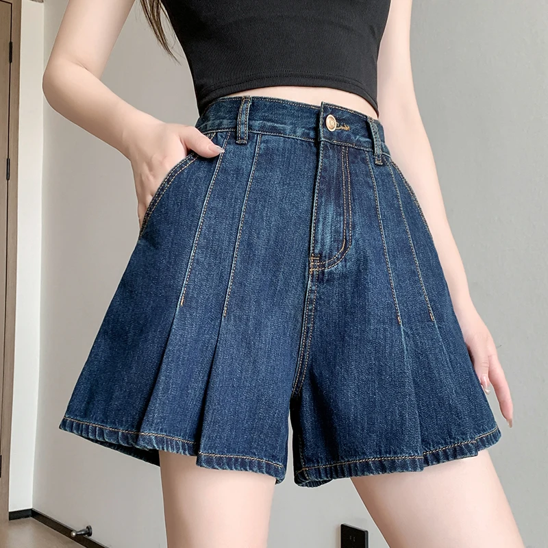 L-6XL حجم كبير الدنيم السراويل للنساء صيف 2025 السماء الزرقاء أو الأزرق اللون واسعة الساق فضفاضة مطوي شورتات جينز صغيرة النساء الجينز