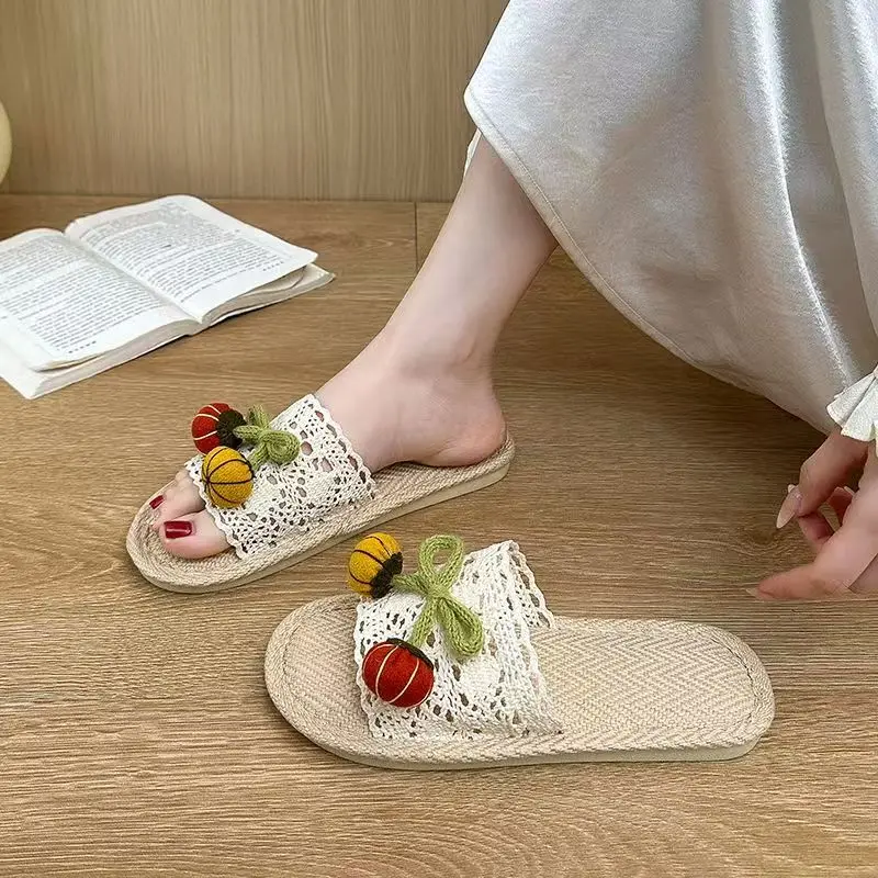 

Женские летние тапочки из льна с сетчатыми вставками, мягкой подошвой, дышащие, легкие, милые домашние тапочки для пола