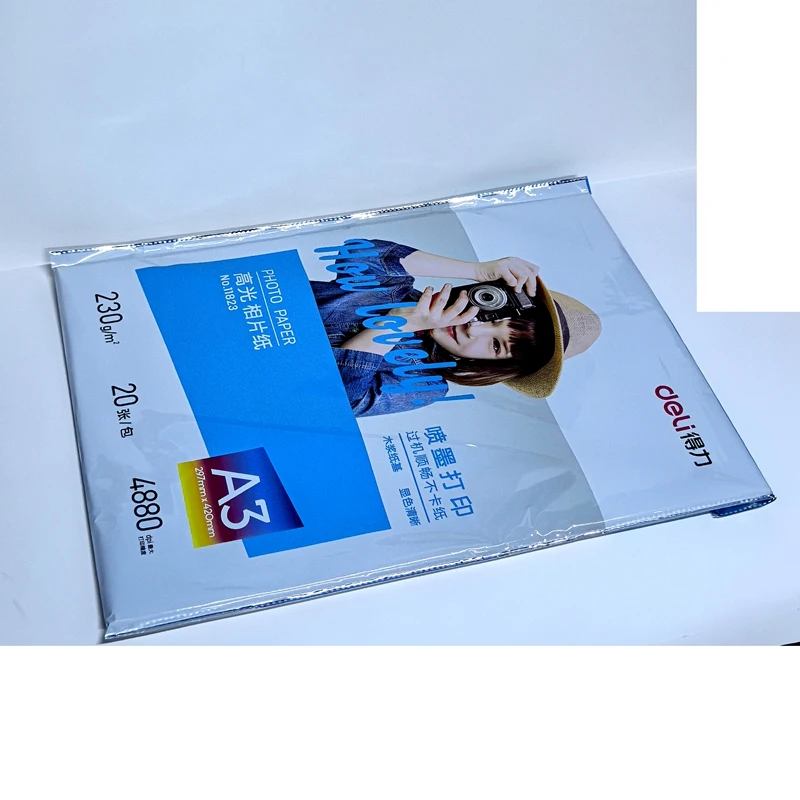 Deli 11823 Glänzendes Fotopapier, 20 Blatt/Beutel, 230 g Farbtintenstrahl-Druckerpapier im A3-Format (297 x 420 mm), für den Fotodruck