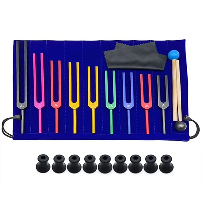 9 Pieces Set Chakras Solfeggio Aluminum Tuning Fork Body Spiritual Heart Massager for Sound Voice Therapy with Mallet Hammer