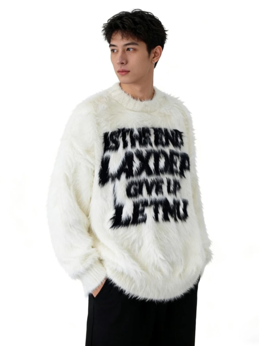 

Модный уличный свитер свободного кроя с вязаными элементами и искусственным мехом, с буквами, мужская верхняя одежда в стиле High Street, парный американский стиль, осень-зима