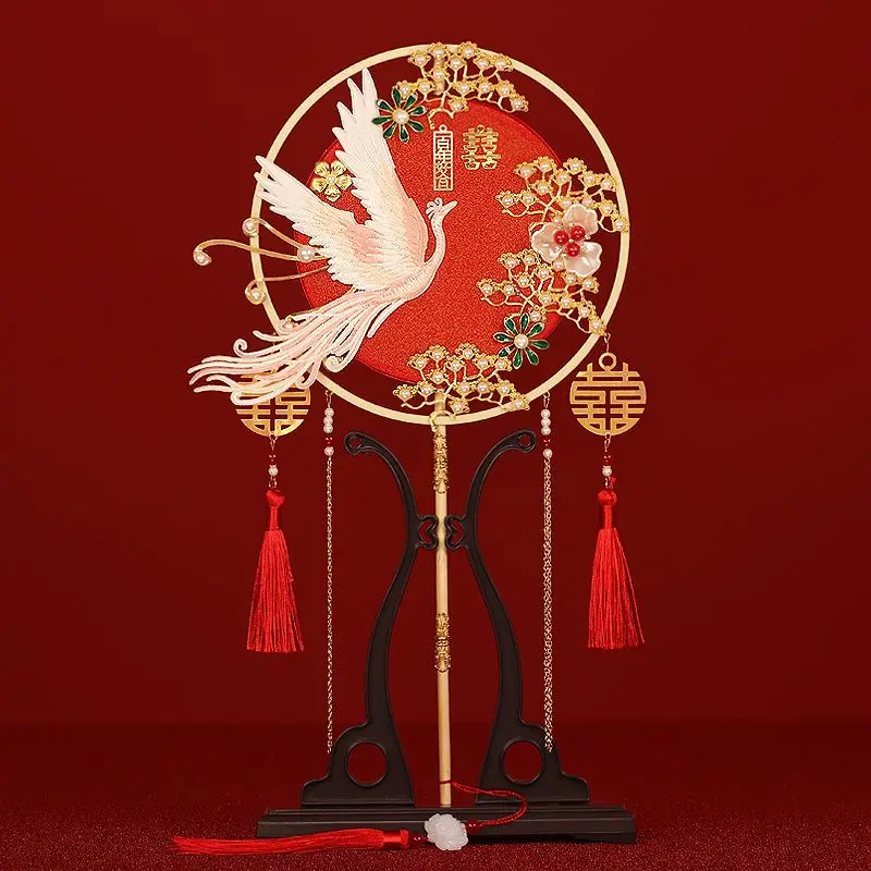 Antique Double Circle Flying Crane Finished Covered Tuan Fan Red Flower Bride Wedding Xiuhe Tuan Fan New Chinese Style