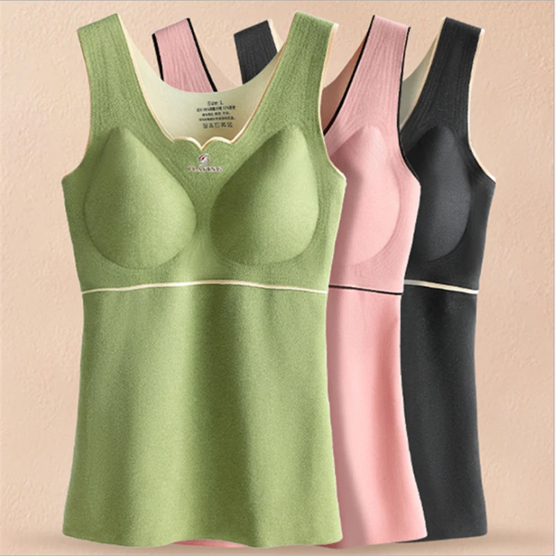 Women's Lace Warm Vest with Chest Pad Fleece-Lined Thickened Traceless Thermal Underwear One-Piece Basic Thermal Clothing