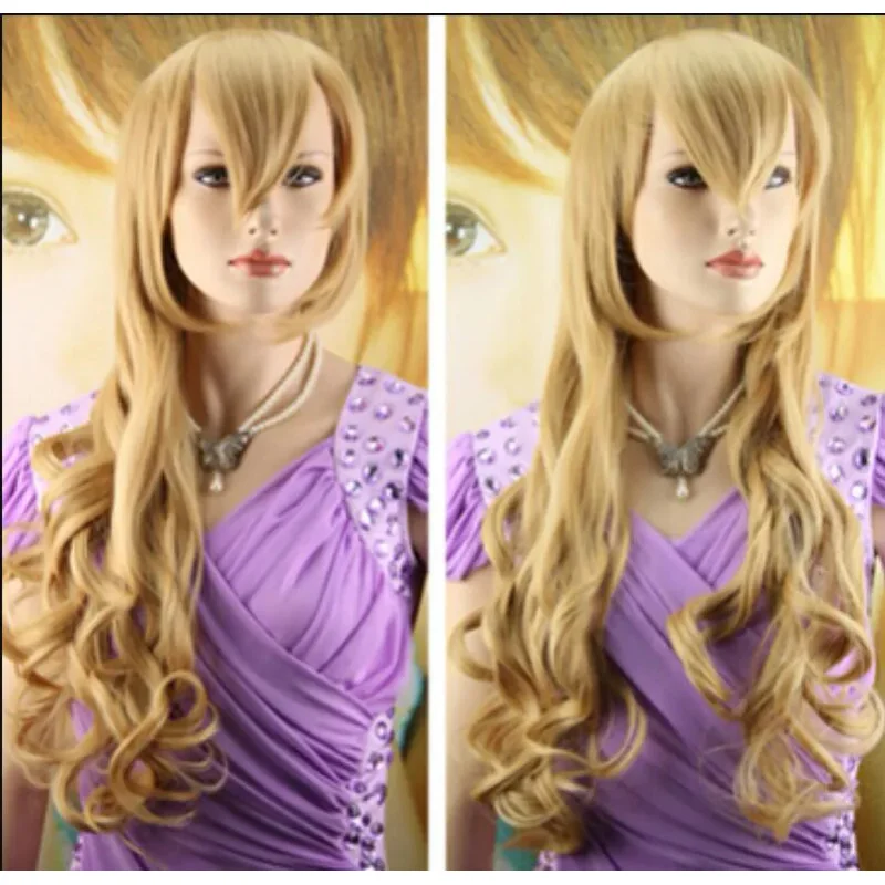 New fashion wig women girls yellow long curly wavy full wigs hair cosplay party