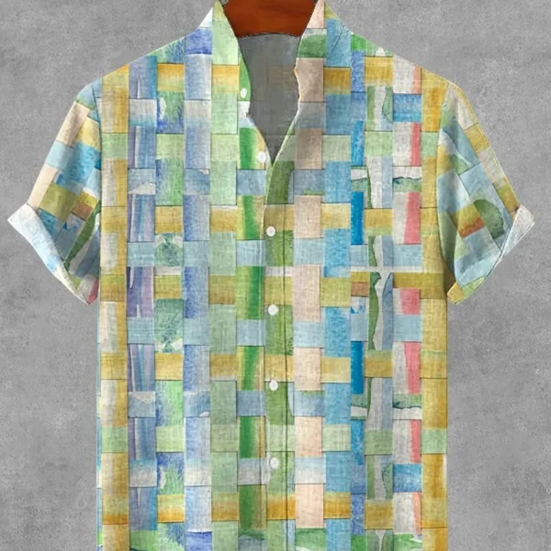 قمم الرجال خمر تصميم هندسي مربع الفن طباعة عارضة قميص أزياء عطلة قصيرة الأكمام واحدة الثدي المتضخم الستر