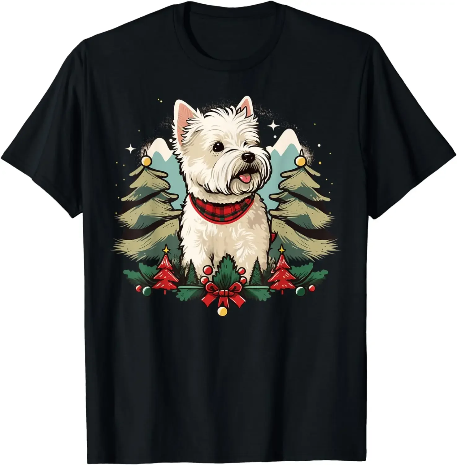 

West Highland White Terrier Dog Christmas Trees Graphic T-Shirt Men's Crewneck Short Sleeve T-shirt