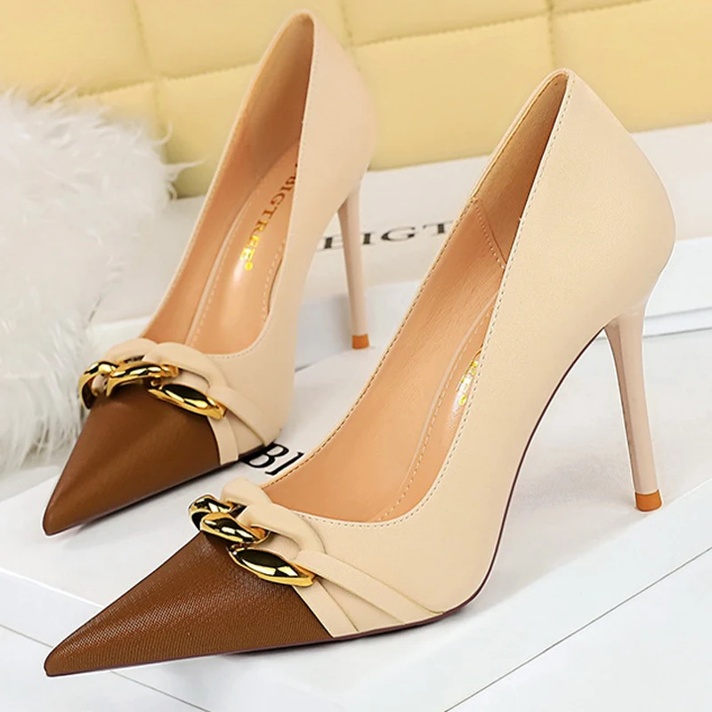 BIGTREE Shoes Women Pumps Metal Chain Decoration High Heels Mixed Colors Pointed Stilettos Lady Heels Party Shoes Female Pumps