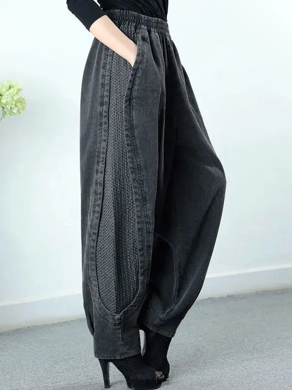 Women's Fleece Lined Loose Casual Denim Pants High Waist Vintage Style Pocket Detail Medium Softness Winter Warm Ladies Jeans