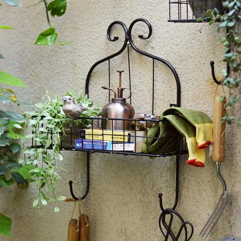 Wrought iron wall hanging shelf garden balcony wall retro decorative hook multi-functional tool storage shelf