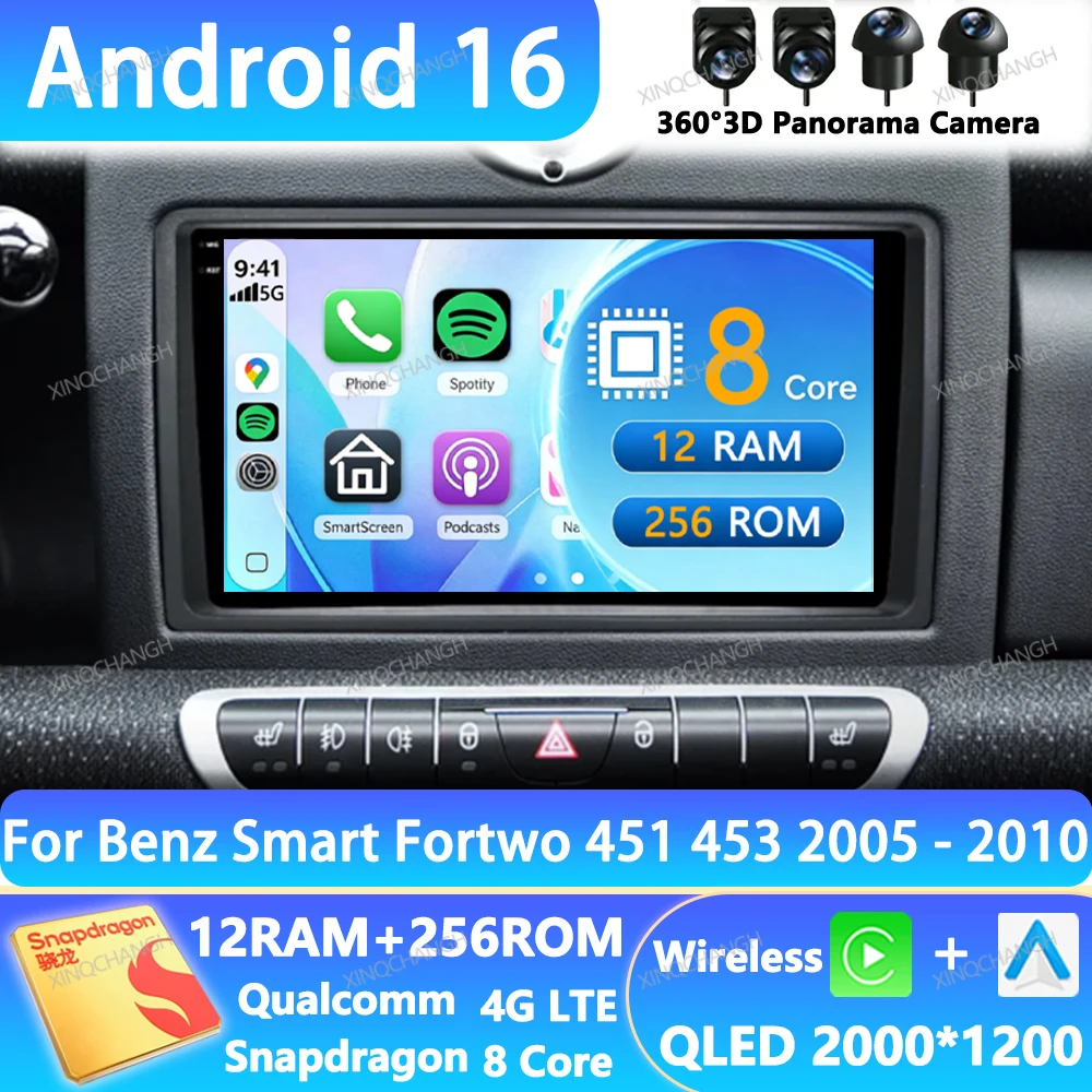 Radio para coche Android 16 para Mercedes Benz Smart Fortwo 451 2010 - 2015 BT 2DIN Reproductor multimedia estéreo de video GPS 4G LTE 5G WIFI