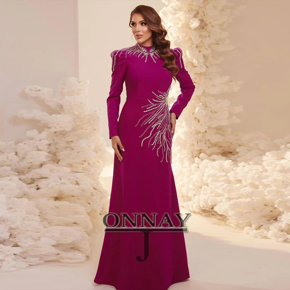 

Вечерние платья с кристаллами Дубая по индивидуальному заказу, с длинными рукавами для женщин, с высоким воротом, Саудовская Аравия, Vestidos De Fiesta, платье на заказ плюс