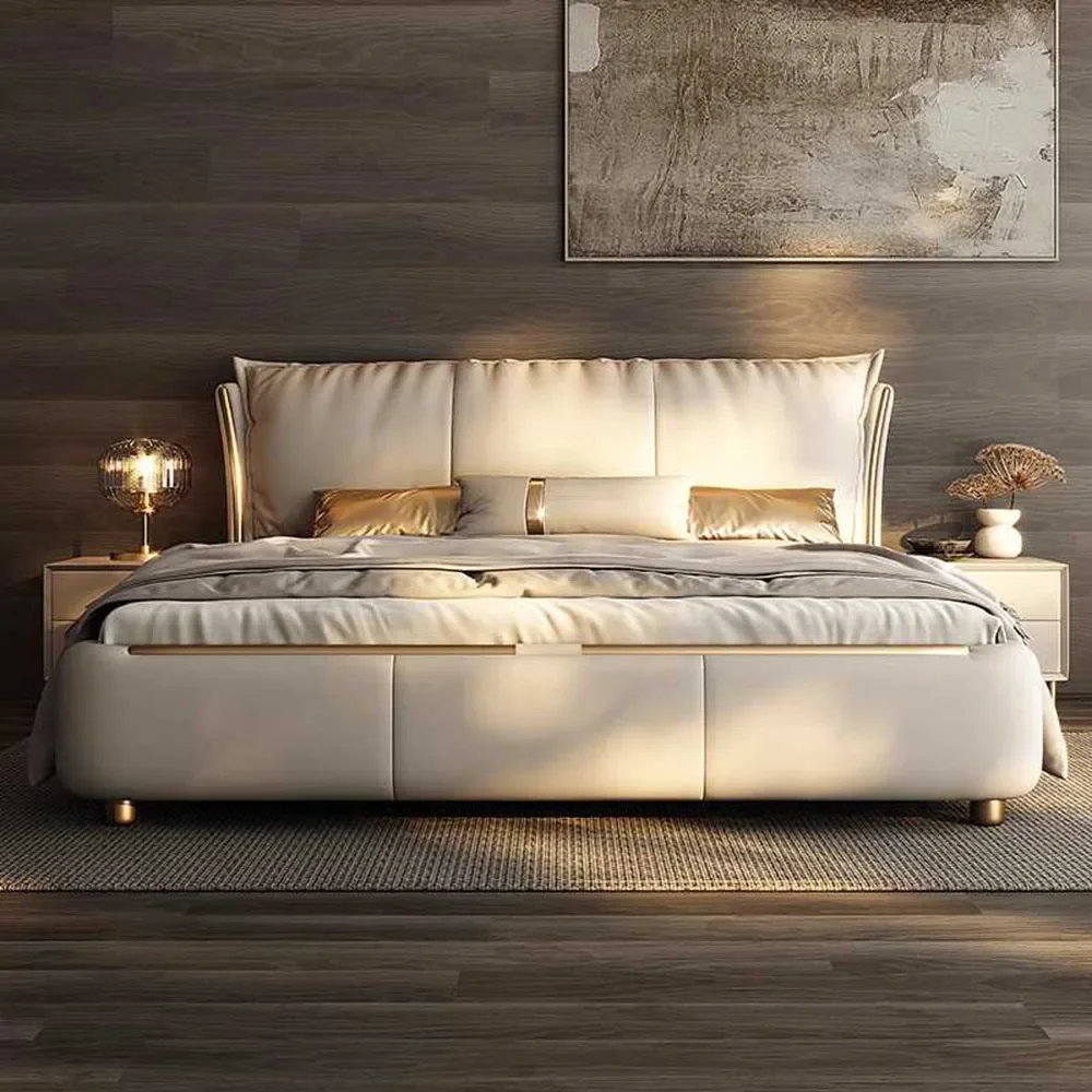 

Minimalist Heavy Duty Bed Frames Queen White Leather Sleeping Bed Lounge French Upholstery Cama Matrimonial Bedroom Furniture