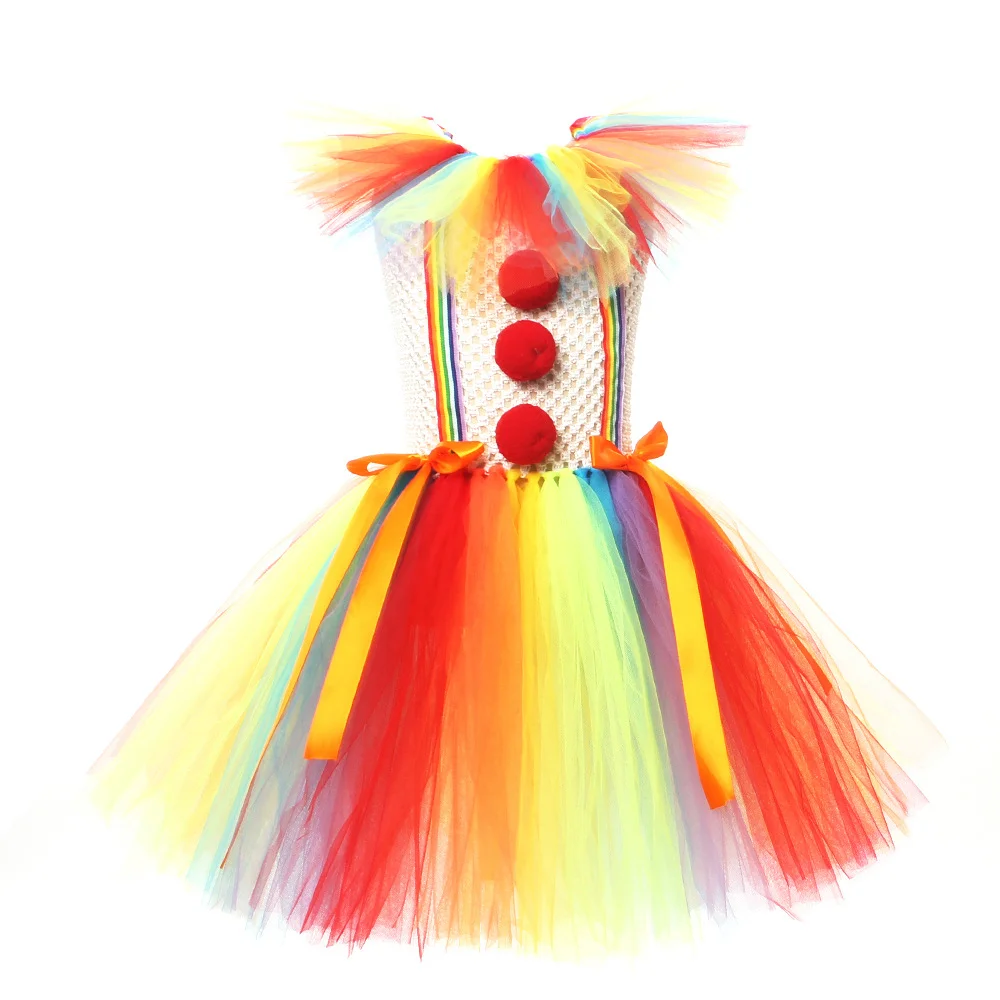 Halloween Christmas Dress for Girl Rainbow Color Crying Smiling Clown Costume With Colored LED Lights Night Glow Fantasy Dress