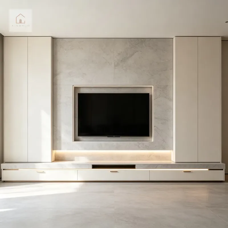 XINGRUO Custom Retro TV Cabinet Set Natural Walnut Pattern Integrated Locker Luxury Media Console for Living Room Home