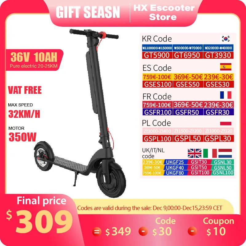 HX X8 Powerful Electric Scooter Adult 350W 10AH 36V Electric Kick Scooter Foldable 10.0 inch Wheel Self-Balance E Scooter