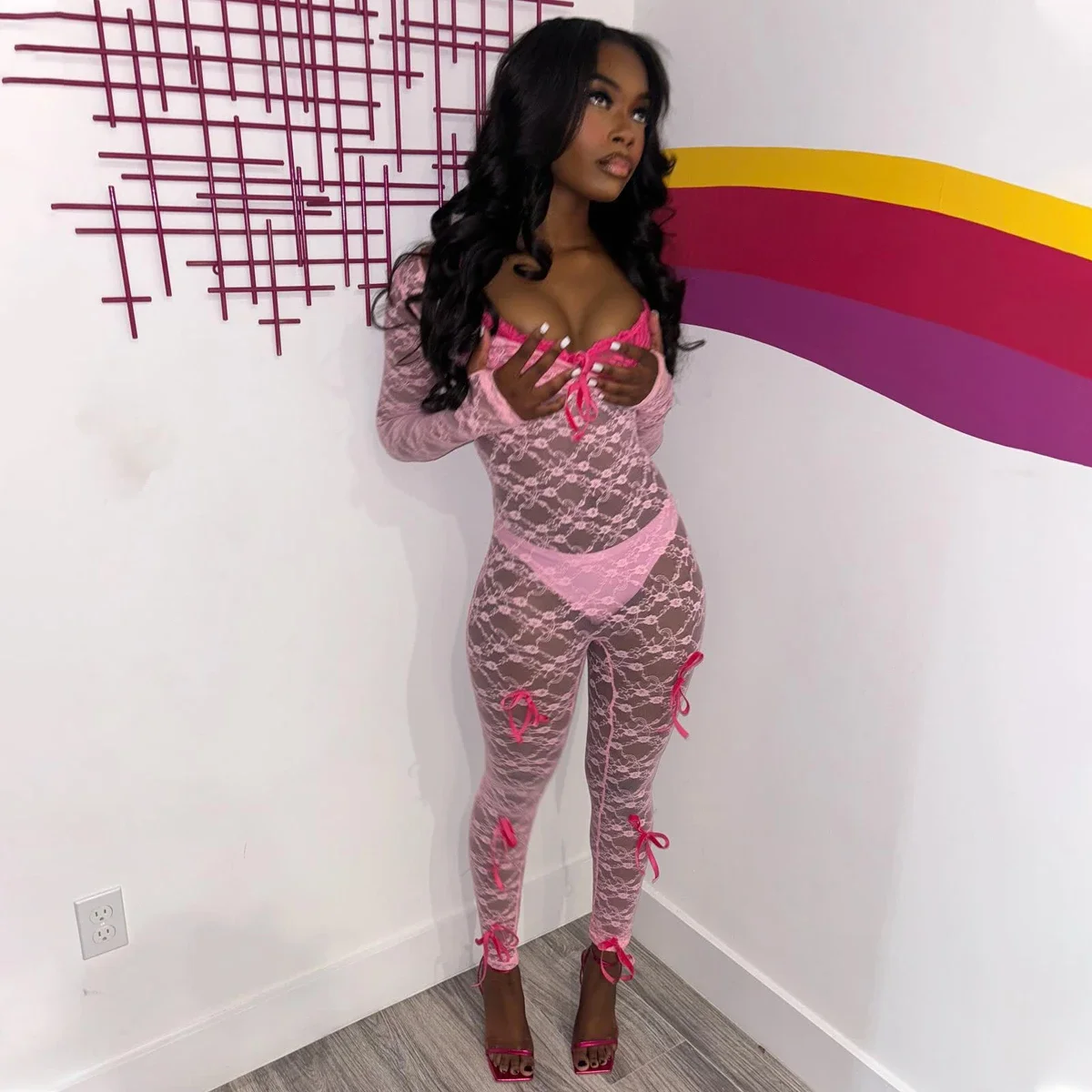 

MUZISKAT Lace Bow Jumpsuit Women's Sexy Transparent Long Sleeved U-neck Slim Fit Workwear Casual Nightclub Club 3-piece set