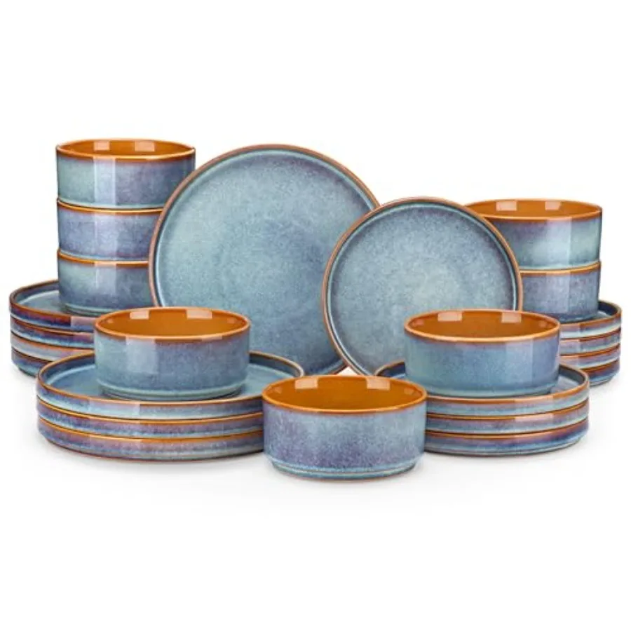 

Ceramic Plates and Bowls Sets 24 Pieces Blue Dinnerware Sets for Kitchen Reactive Glaze Dishes Set for 8 Dishwasher and Microwa