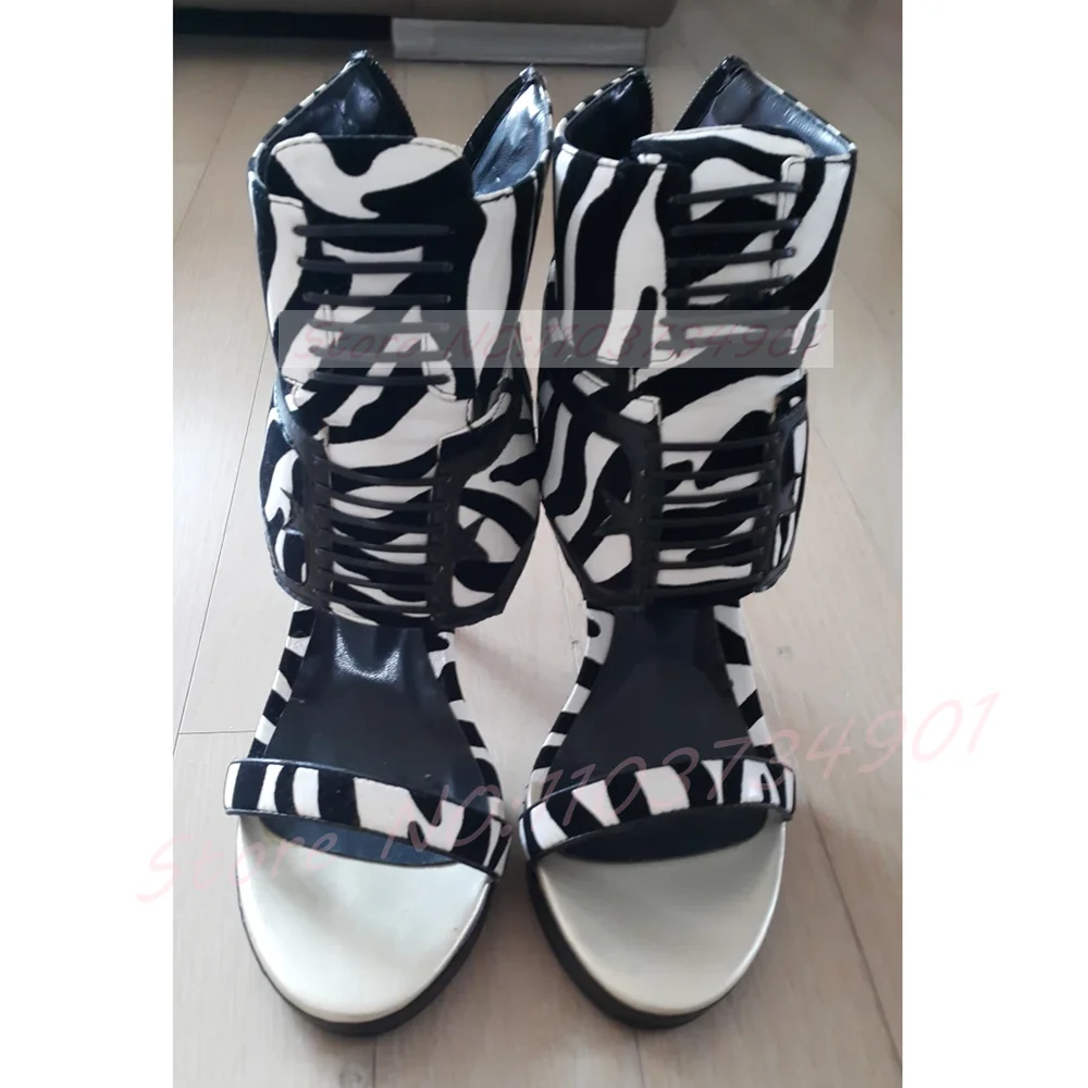 Zebra Striped Openwork Short Boots Women Fashion Ankle Wrap Open Toe Zipper High Heels Shoes Catwalk Summer Booties
