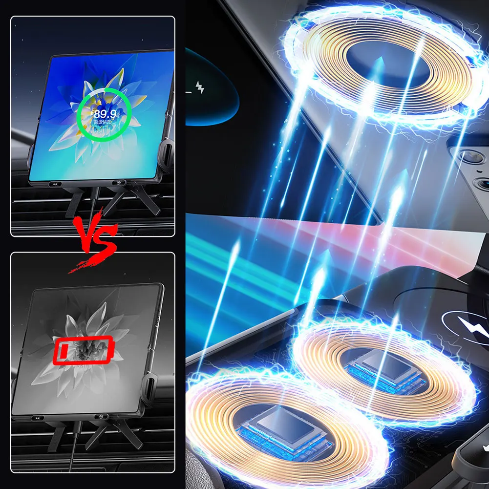 Soporte Universal para teléfono de coche, cargador inalámbrico de doble bobina, soporte plegable para teléfono, carga rápida para Samsung, iPhone, Xiaomi, Z Fold