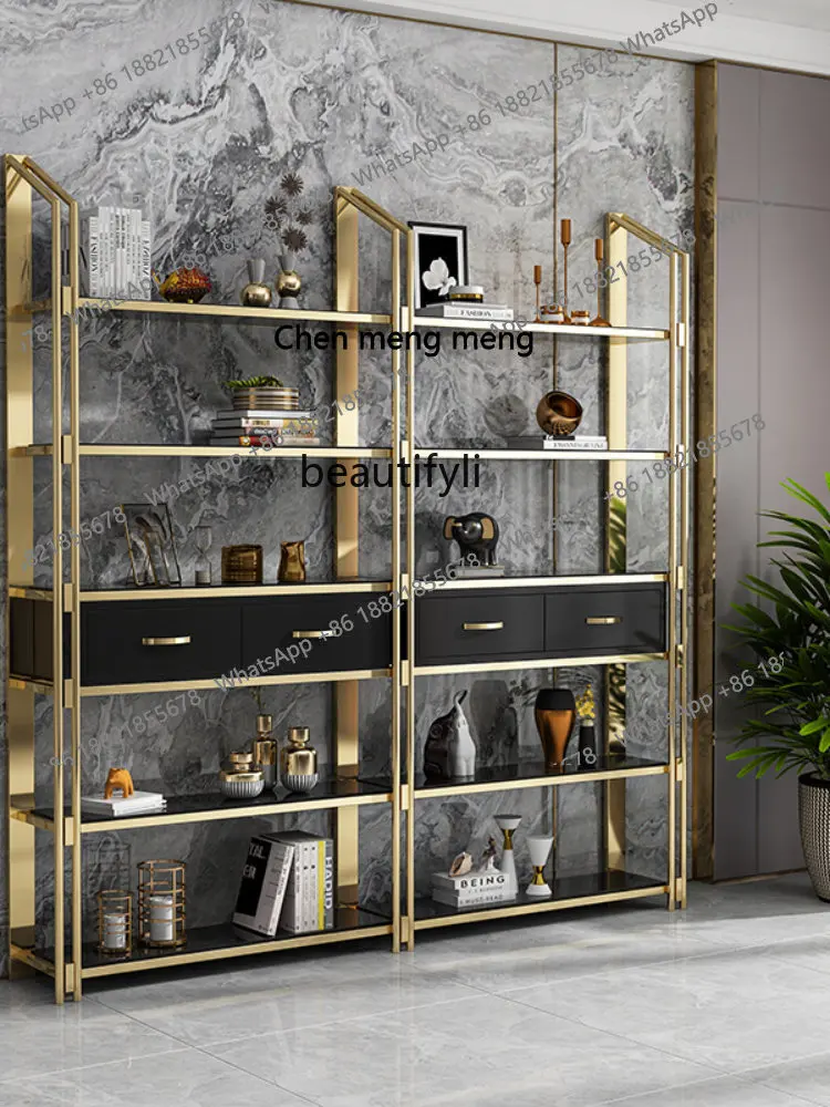 

S7486 ss yj Nordic Light Luxury Bookshelf Floor Shelf Living Room Golden Iron Display Rack