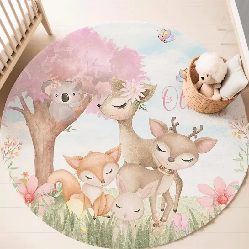 Boho Safari Animal Round Rug – Jungle Forest Friends Floor Mat for Kids Room, Non-Slip Wild Animal Decor, Unique Baby Gift
