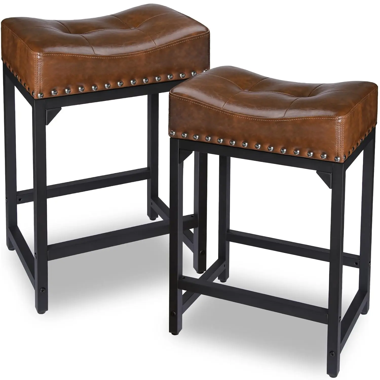 

24" Saddle Bar Stools Set of 2 Counter Height PU Leather Seat Wood Frame Kitchen Island Brown, Customized