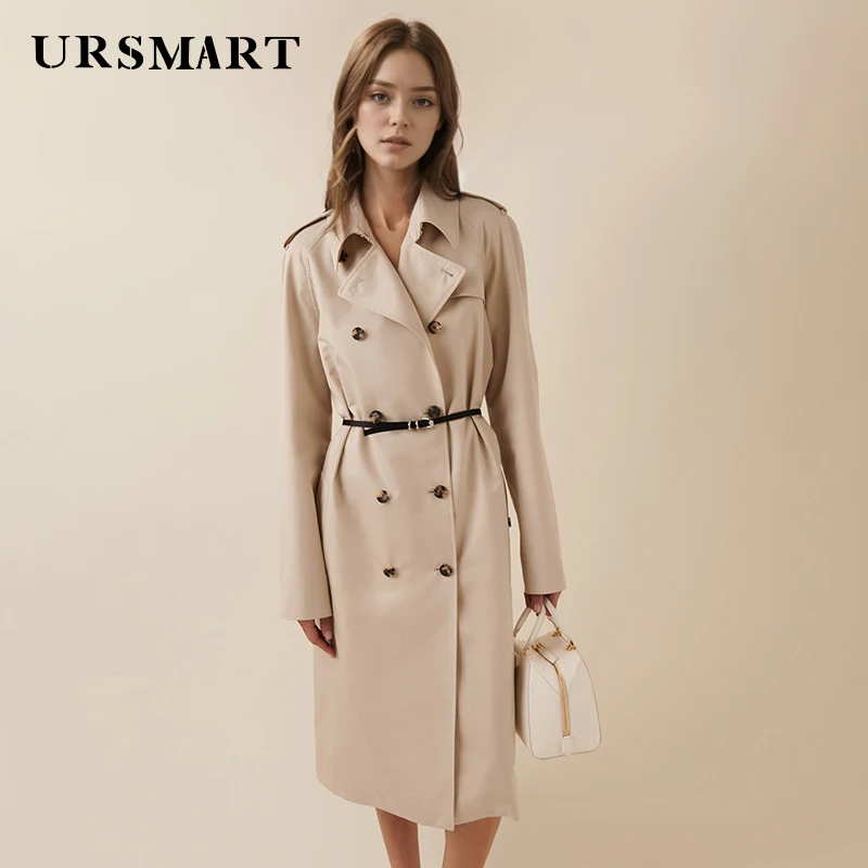 Classic double breasted knee length beige women's trench coat elegant and fashionable spring custom cotton windbreakert women