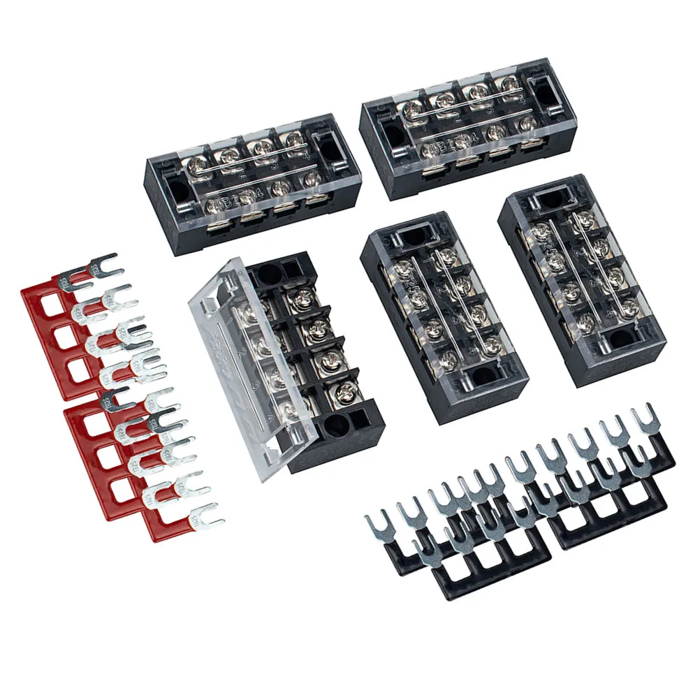 5Sets Power Terminal Connector Strip Dual Row Screw Terminal Block 4P 4 Positions Barrier Strip Clear Cover Electrical Wiring