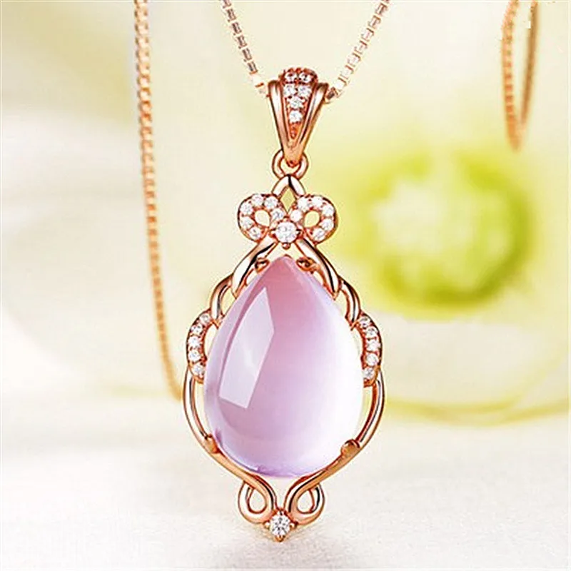 Wholesale CZ Crystal Pink Opal Pendant Necklace Chokers Rose Gold Color for Women Girls Ross Quartz Cute Gift