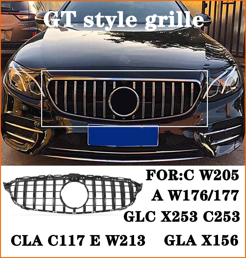 

GT Style Front Grille Grill Bumpe For Mercedes C W205 C205 CLA C117 A W176 W177 GLA X156 GLC X253 E W213 GLE W166 C292 Black