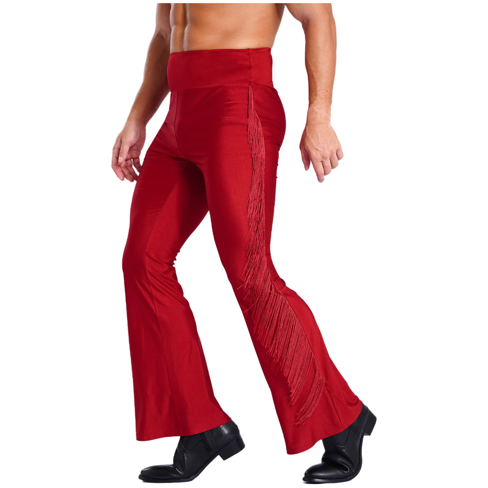 Men Tassel Flared Pants Latin Salsa Dance Bottom Vintage High Waist Bell-Bottom Trousers for Dance Stage Performance Theme Party