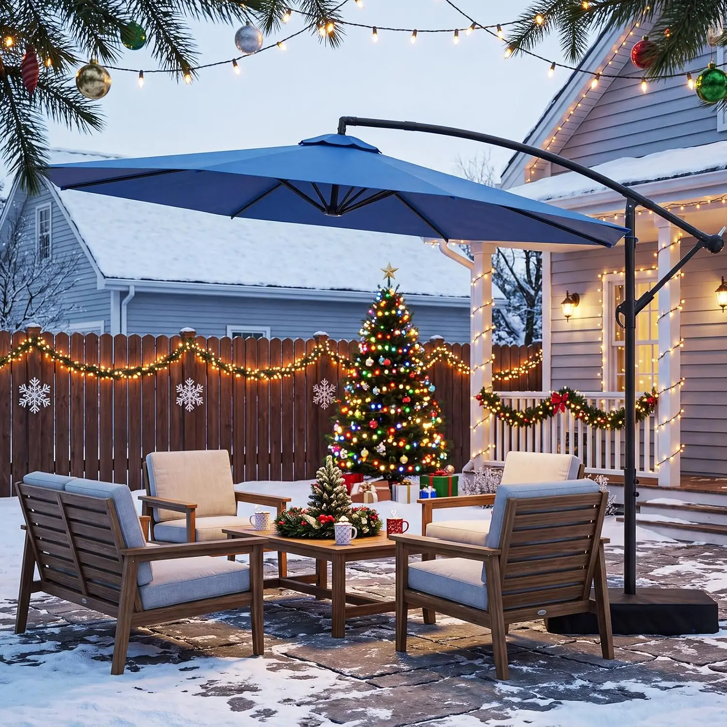 10 Foot Cantilever Patio Umbrella With Base Included, Heavy Duty Outdoor Offset Sunshade Canopy With 360 Degree Rotation Infinite Tilt Crank Handle, 8 Rib Backyard Deck Pool Hanging Umbrella,