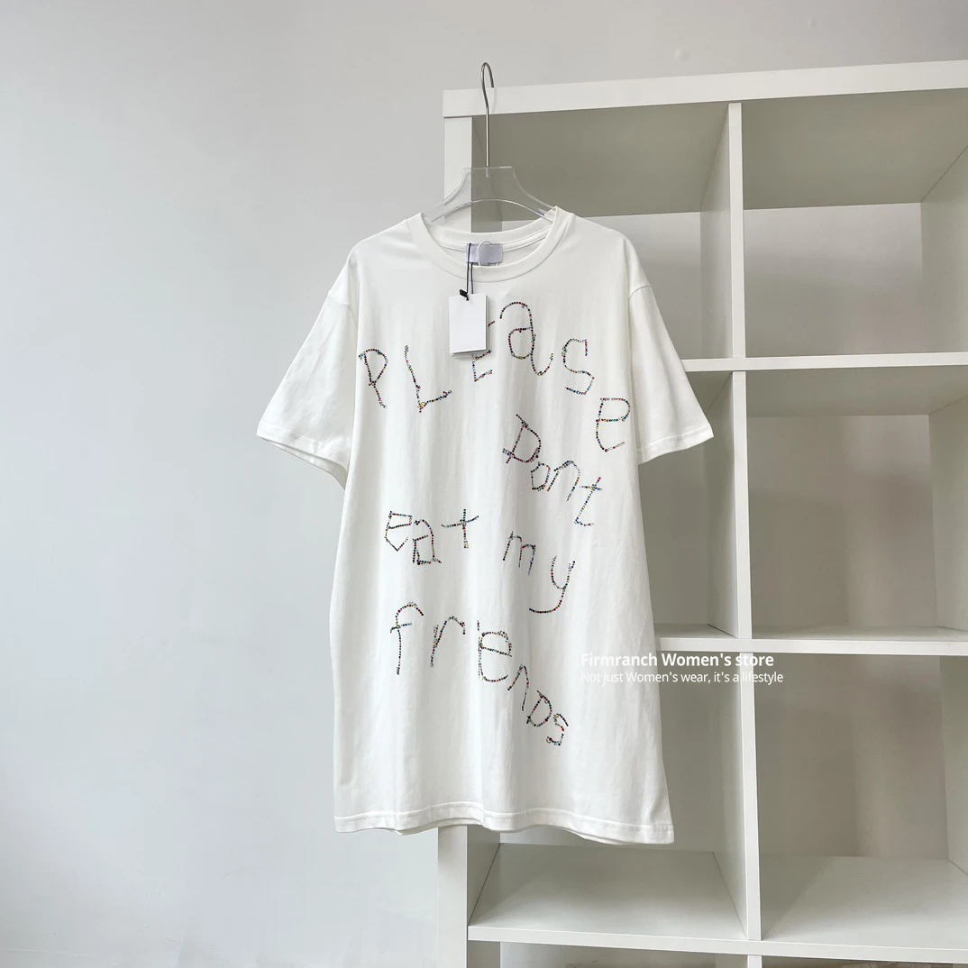 ファームランチ-女性用半袖ルーズホワイトTシャツ、ダイヤモンドとラインストーン、ダイヤモンドとパール、韓国スタイル、夏、2024