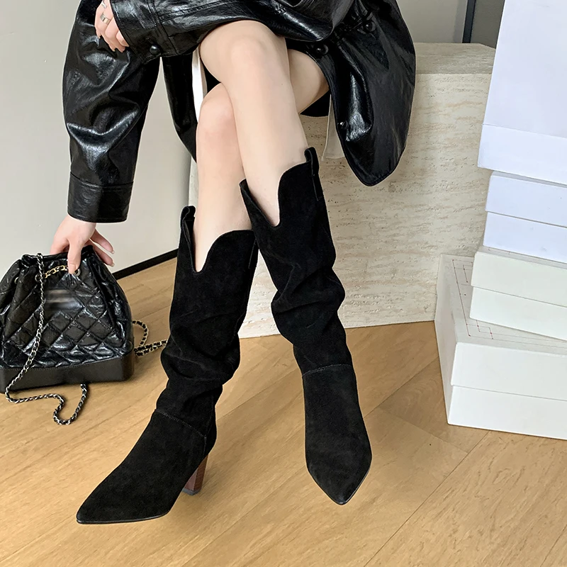 Mid Calf High Boots Slip On Pointed Toe Spring Autumn Woman Cowsuede Boots Chunky Heel Western Boots Cowgirl Fashion Botas