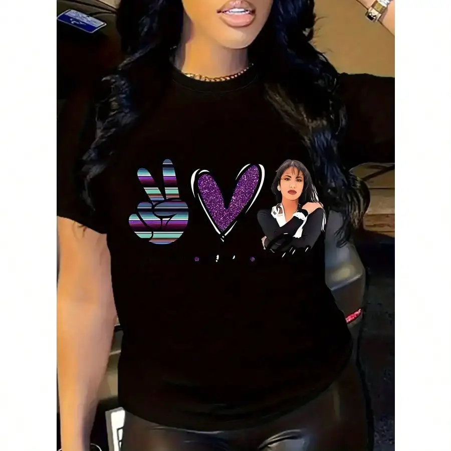 Camiseta com monograma estampado Selena, camiseta casual sazonal New Wave, gola redonda, camiseta de manga curta High Street