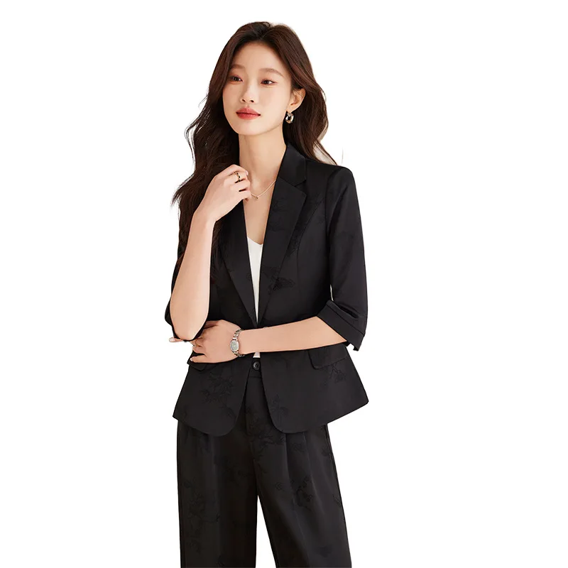 Colore champagne Primavera Estate Autunno Nuovo blazer professionale casual con maniche a tre quarti con colletto piccolo e pantaloni Two-Pi