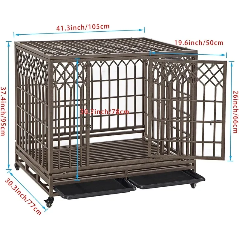 

Heavy Duty Dog Crate Strong Metal Pet Kennel Playpen with Two Prevent Escape Locks Large Dogs Cage with Wheels