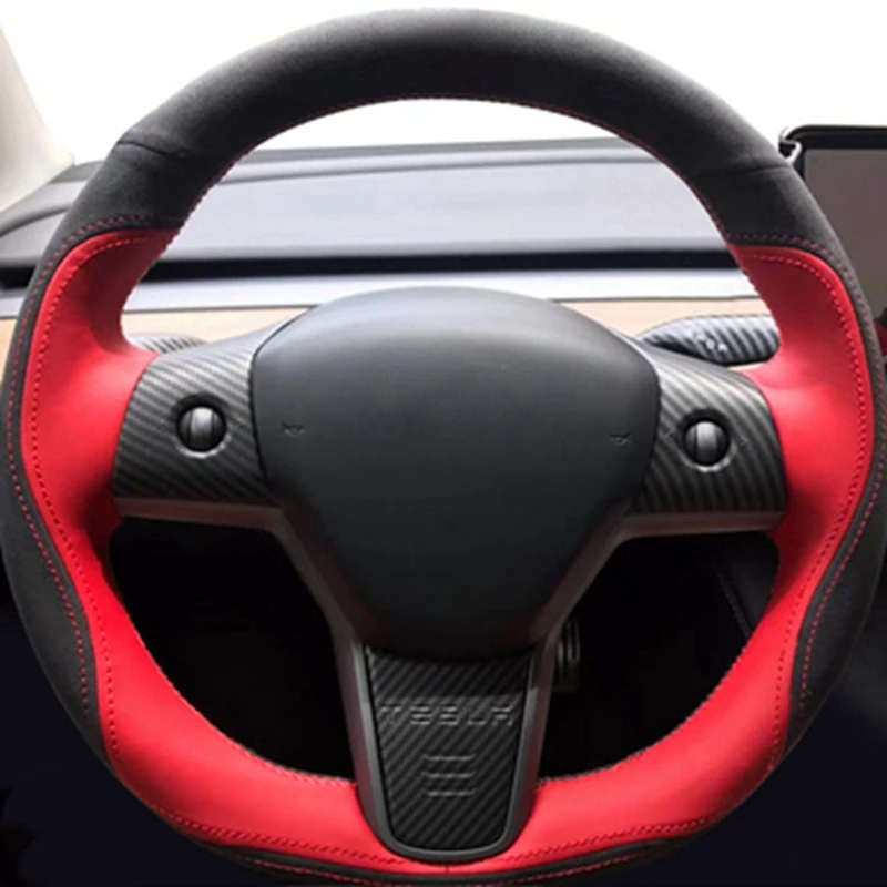 Couverture de volant de voiture à faire soi-même, antidérapant, en cuir véritable suédé tressé pour Tesla modèle 3 2015 – 2021 modèle Y 2019-2021