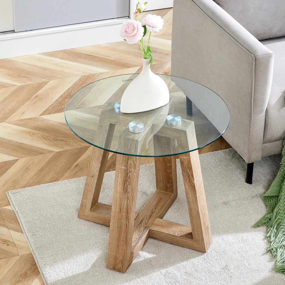 Modern and practical round table. Made of clear tempered glass top and wood. Suitable for living rooms and bedrooms