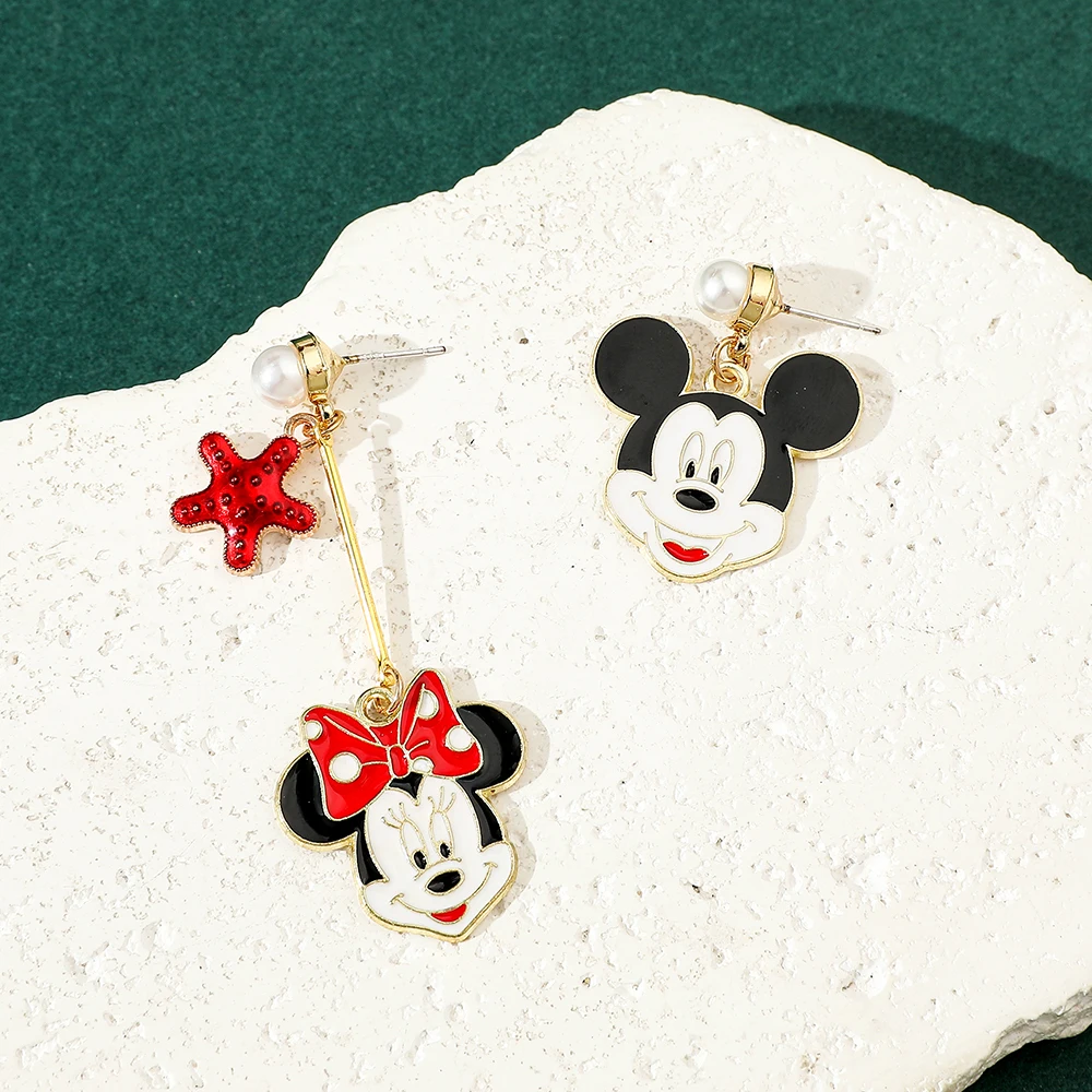 Disney-Mickey Minnie Mouse Earrings for Girls, Ear Clips, Asymmetric, Cartoon, Party Daily Accessories, Fashion Jewelry Gifts